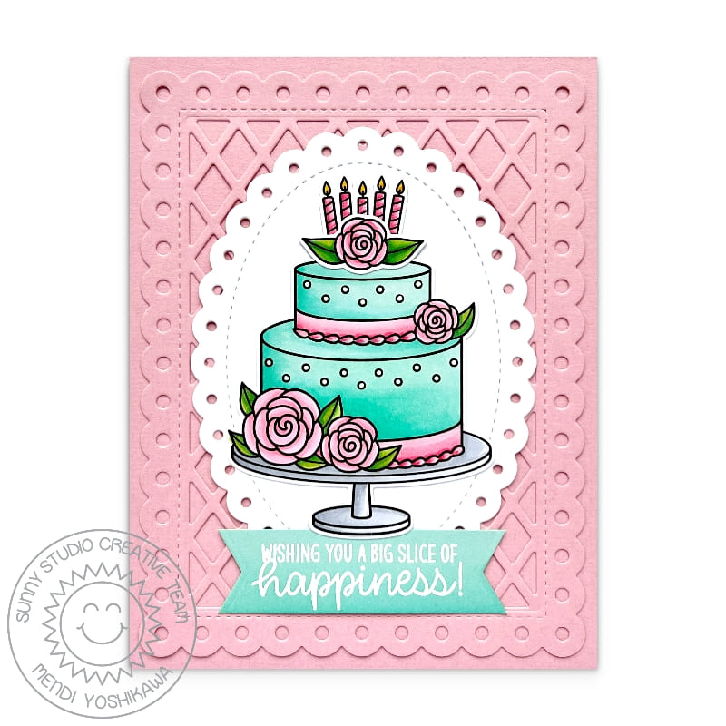 Sunny Studio Wishing You A Big Slice of Happiness Pink Rose Birthday Cake Card (using Scalloped Oval Mat 2 Cutting Dies)