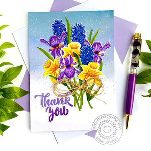 Sunny Studio Hyacinths, Daffodils & Iris Flowers Thank You Card (using Spring Bouquet 4x6 Clear Layering Stamps)