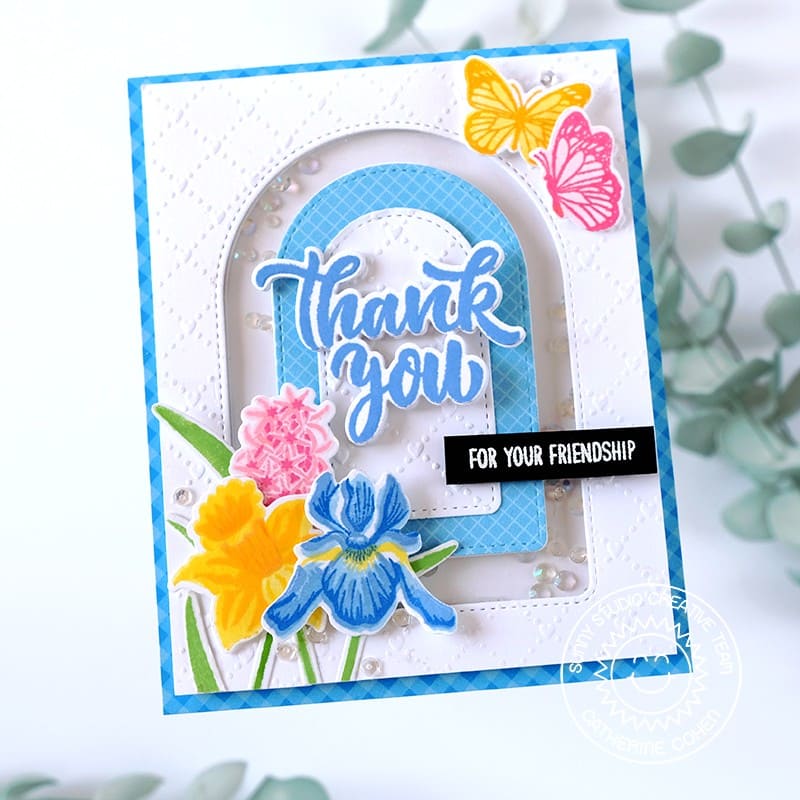 Sunny Studio Floral Flowers & Butterflies Embossed Shaker Thank You Friendship Card (using Spring Bouquet 4x6 Clear Stamps)