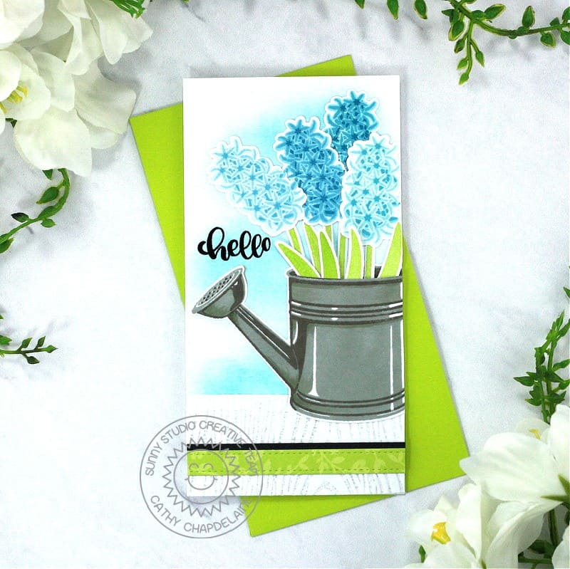 Sunny Studio Spring Hyacinths in Watering Can Wood Embossed Slimline Hello Card (using Woodgrain 6x6 Embossing Folder)