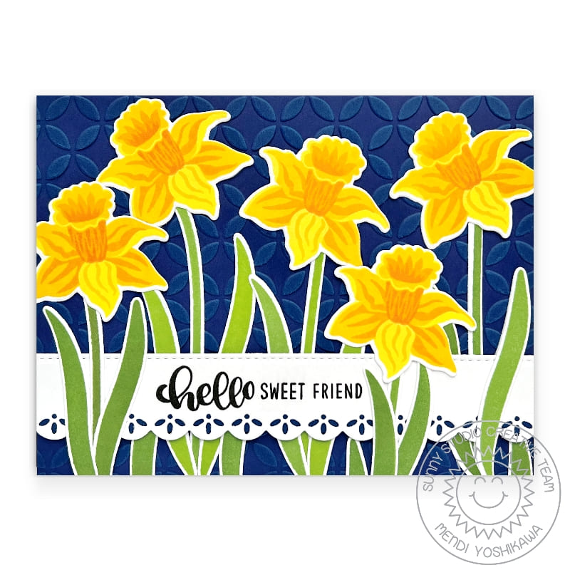Sunny Studio Stamps Layered Daffodil Floral Flower Navy Scalloped Hello Friend Card using Ribbon & Lace Border Slimline Dies