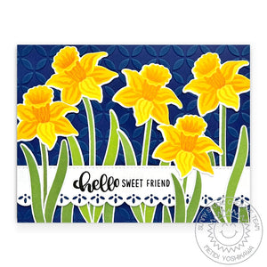 Sunny Studio Layered Daffodil Floral Flowers Navy Scalloped Hello Friend Card (using Spring Bouquet 4x6 Clear Stamps)