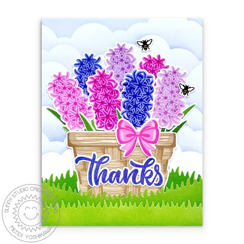 Sunny Studio Hyacinth Floral Flowers in Basket with Bumblebees Thank You Card (using Spring Bouquet 4x6 Clear Stamps)