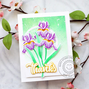 Sunny Studio Spring Irises Iris Flowers Floral Thank You Card using Big Bold Greetings Clear Photopolymer Sentiment Stamps