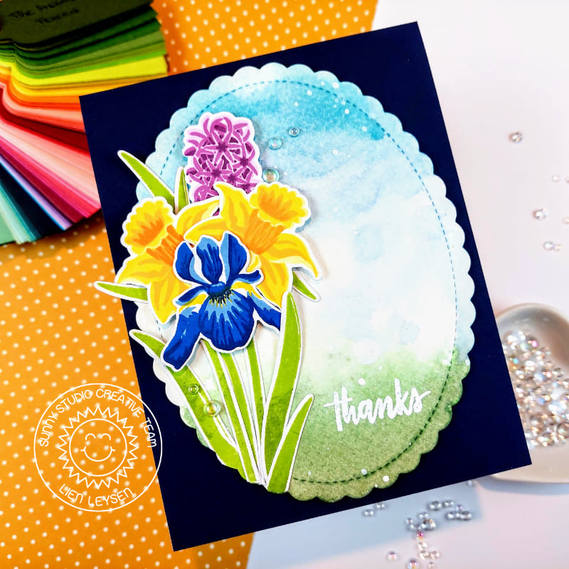 Sunny Studio Stamps Iris, Daffodil & Hyacinth Flowers Floral Thank You Card using Scalloped Oval Mat 1 Stitched Cutting Dies