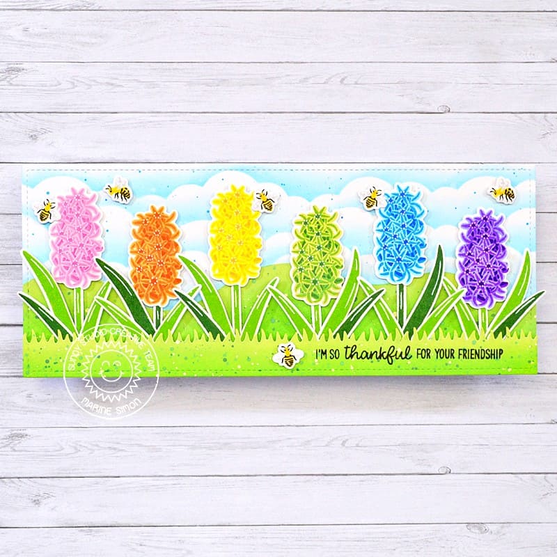 Sunny Studio Thankful for Your Friendship Rainbow Floral Hyacinth Slimline Card using Spring Bouquet  Clear Layering Stamps