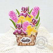 Sunny Studio Hyacinth, Daffodils & Irises Floral Flower Basket Shaped Thank You Card (using Spring Bouquet 4x6 Clear Stamps)