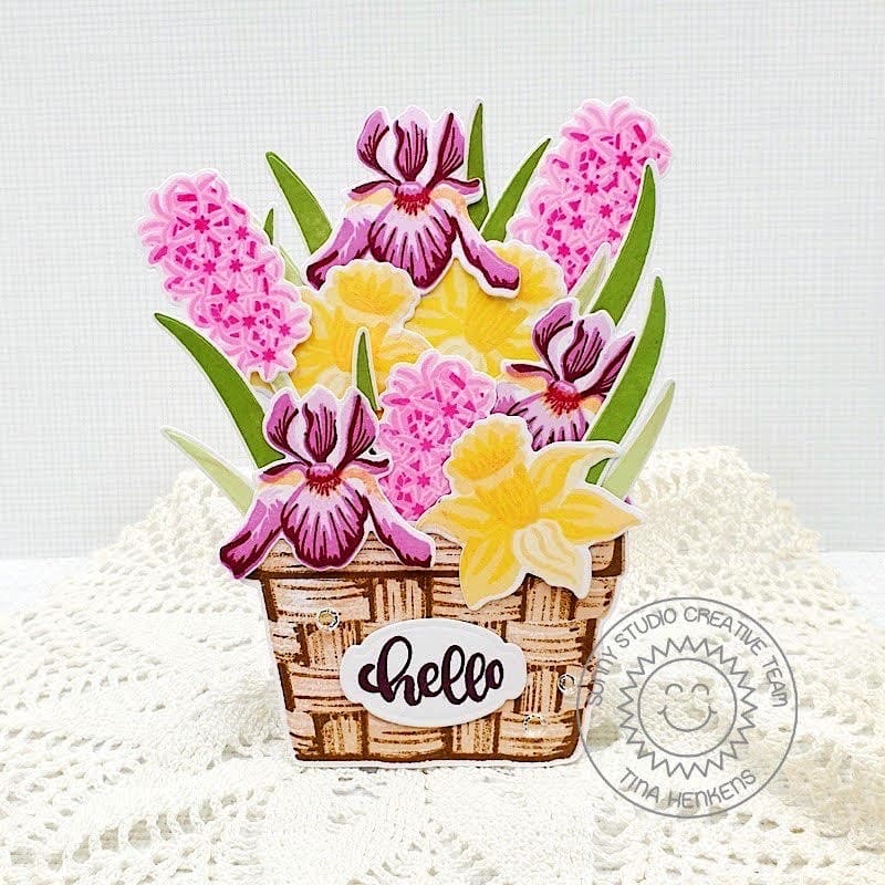 Sunny Studio Hyacinth, Daffodils & Irises Floral Flower Basket Shaped Thank You Card (using Spring Bouquet 4x6 Clear Stamps)