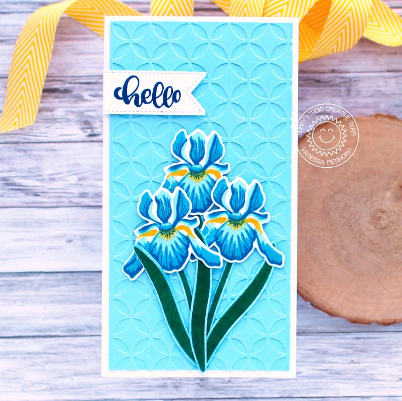 Sunny Studio Stamps Blue Iris Floral Flower Embossed Thinking of You Hello Card (using Moroccan Circles 6x6 Embossing Folder)