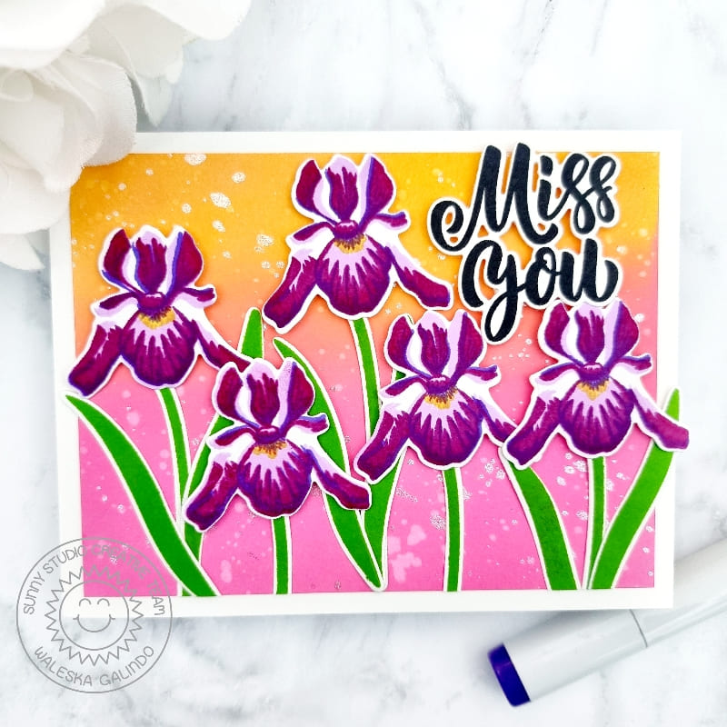 Sunny Studio Floral Irises Layered Iris Missing You Card (using Spring Bouquet 4x6 Clear Layering Stamps)