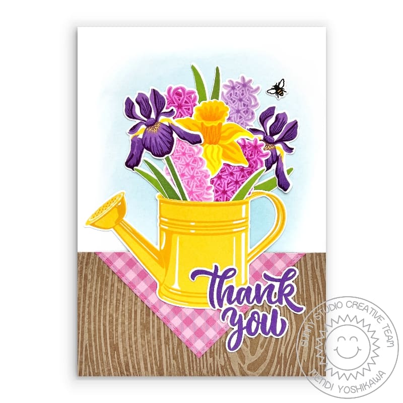 Sunny Studio Daffodils, Iris & Hyacinths Floral Flowers in Watering Can Thank You Card using Big Bold Greetings Clear Stamps