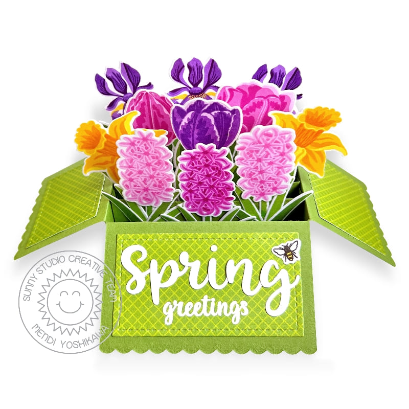 Sunny Studio Spring Greetings Layered Floral Flowers Pop-up Box Card (using Tranquil Tulips 4x6 Clear Layering Stamps)