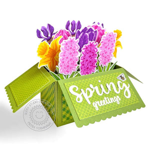 Sunny Studio Daffodil, Iris & Hyacinth Floral Flowers Pop-up Box Card (using Spring Bouquet 4x6 Clear Layering Stamps)