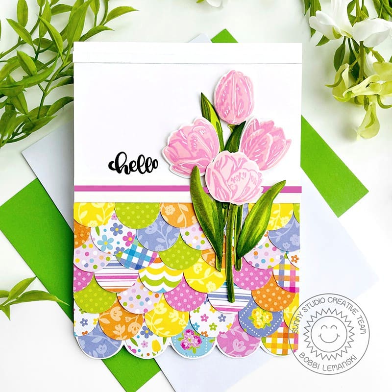 Sunny Studio Stamps Layered Tulips Patchwork Scalloped Hello Card (using Spring Fever 6x6 Patterned Paper Pad)