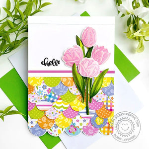 Sunny Studio Layered Spring Tulips Patchwork Scalloped Hello Card (using Tranquil Tulips 4x6 Clear Stamps)