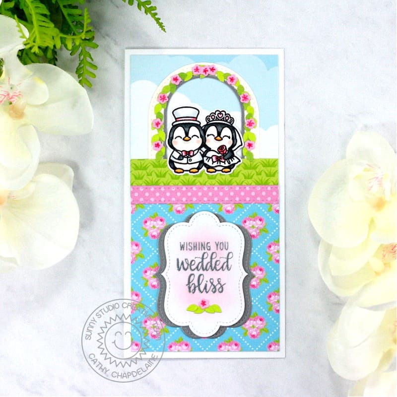 Sunny Studio Stamps Wishing You Wedded Bliss Penguin under Floral Arch Wedding Card (using Spring Fever 6x6 Paper Pad)