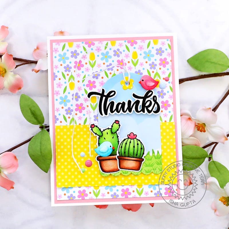 Sunny Studio Stamps Birds with Cactus Plants Floral Tulip Print Thank You Card (using Spring Fever 6x6 Patterned Paper Pad)