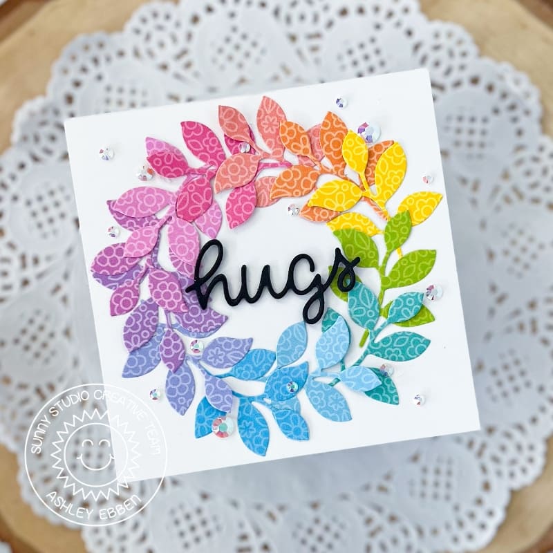 Sunny Studio Stamps Rainbow Spring Greenery Wreath Hugs Card (using Flirty Flowers 6x6 Paper Pad Pack)