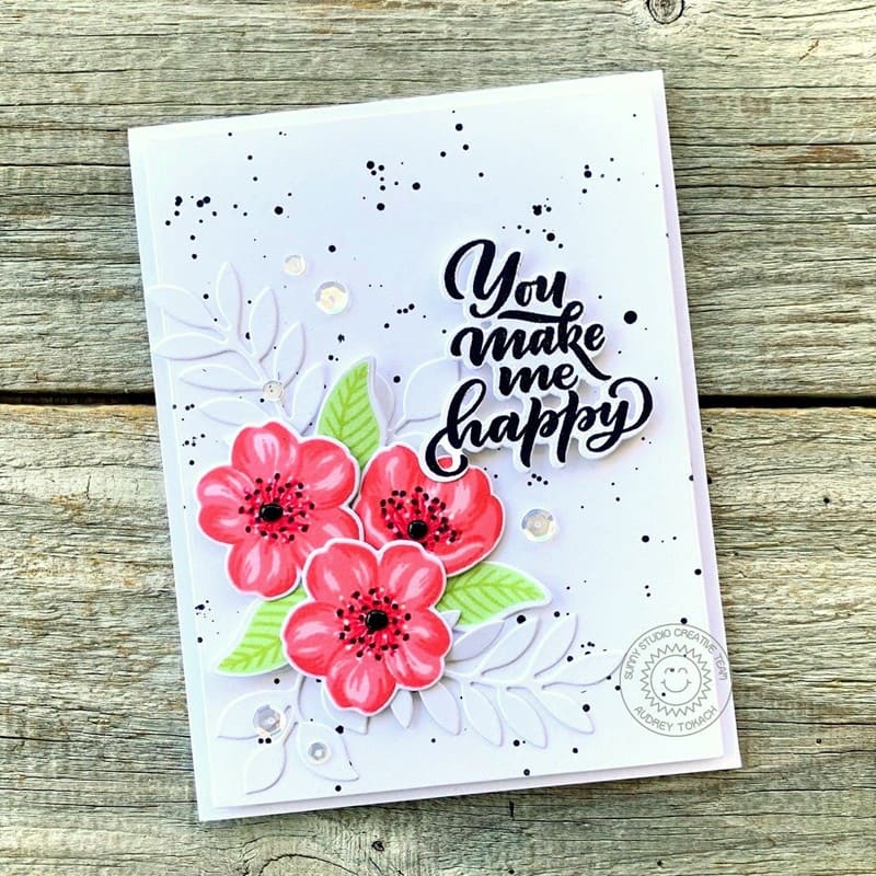 Sunny Studio You Make My Heart Floral Flowers with White Leaves Card (using Cherry Blossoms Clear Layering Stamps)