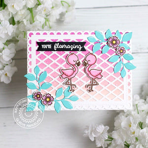 Sunny Studio Stamps You're Flamazing Pink & Aqua Leaves Punny Flamingos Card (using Spring Greenery Metal Cutting Dies Set)