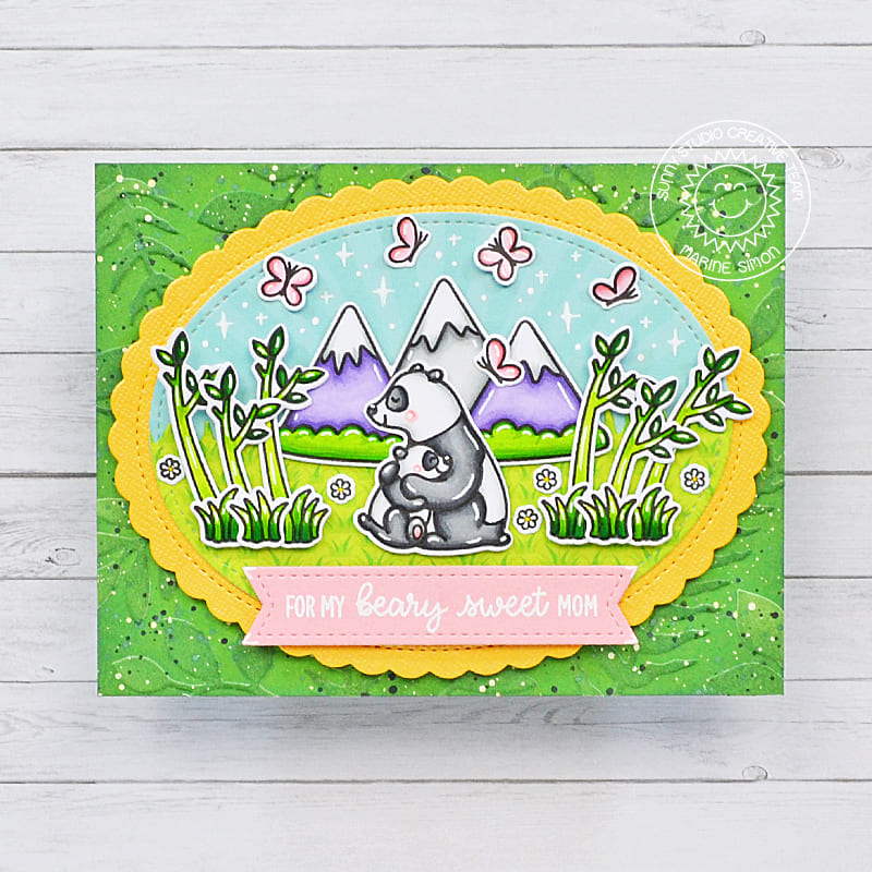 Sunny Studio Panda Outdoor Nature Scene Scalloped Oval Mother's Day Card (using Bear Hugs 4x6 Clear Stamps)