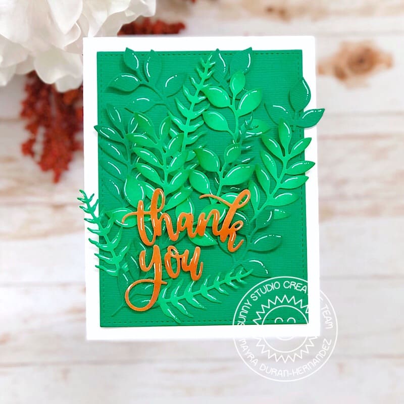 Sunny Studio Stamps Monochromatic Emerald Green Leaves Thank You Card (using Spring Greenery Metal Cutting Dies Set)
