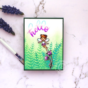 Sunny Studio Stamps Fairy with Vines in Garden Hello Card (using Spring Greenery Leaf Metal Cutting Dies)