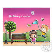 Sunny Studio Stamps Fluttering By To Say Hi Kids Playing At The Park Handmade Card (using Spring Scenes Borders 4x6 Clear Photopolymer Stamp Set)