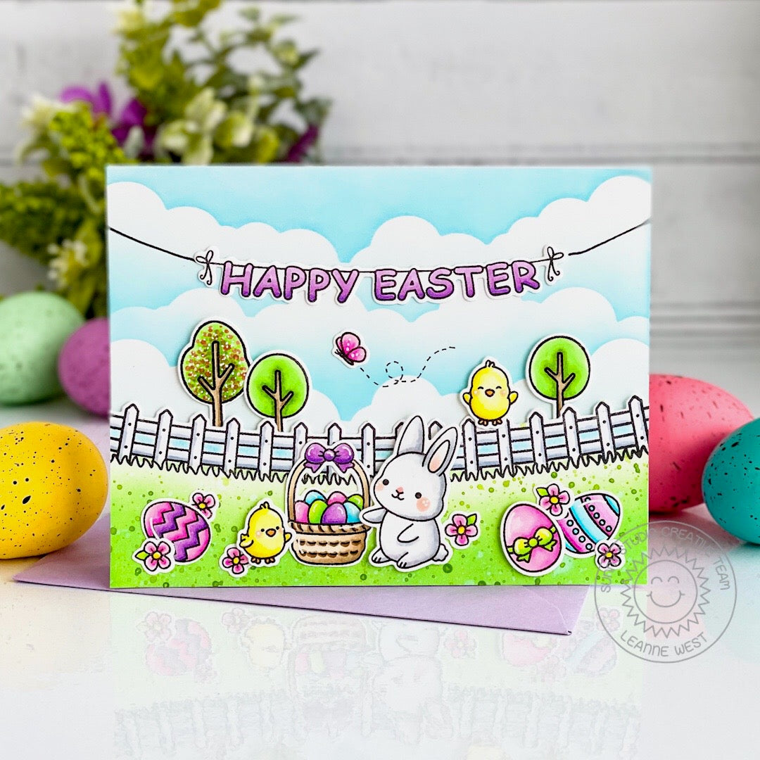 Sunny Studio Stamps Happy Easter Bunny, Chick, Basket, Eggs & Butterfly Scene with Fence Border Handmade Card (using Spring Scenes Border 4x6 Clear Photopolymer Stamp Set)
