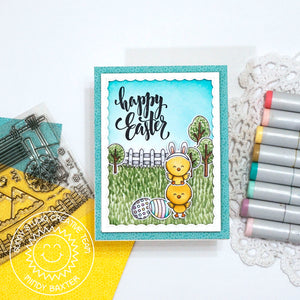 Sunny Studio Stamps Happy Easter Stacked Chicks Easter Card with Trees & Fence (using Spring Scenes 4x6 Photopolymer Clear Stamp Set)