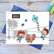 Sunny Studio Clean & Simple CAS Kids & Dog Flying Kite At The Park Card using Spring Showers 4x6 Clear Photopolymer Stamps