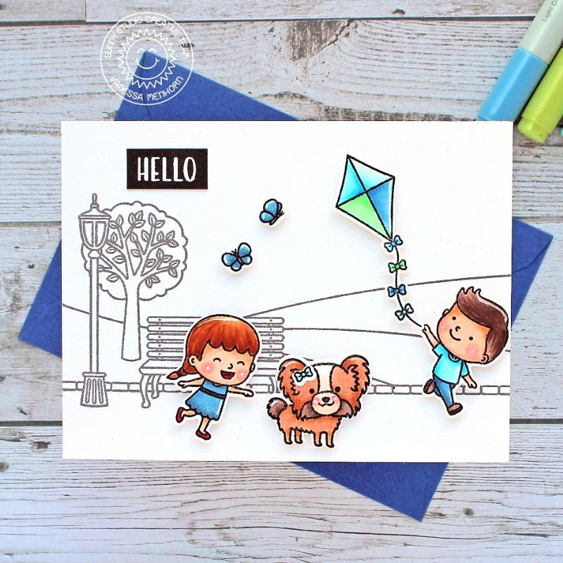 Sunny Studio Stamps B&W Clean & Simple Kids Playing At The Park with Dog Handmade Hello Card (using Spring Scenes Borders 4x6 Clear Photopolymer Stamp Set)