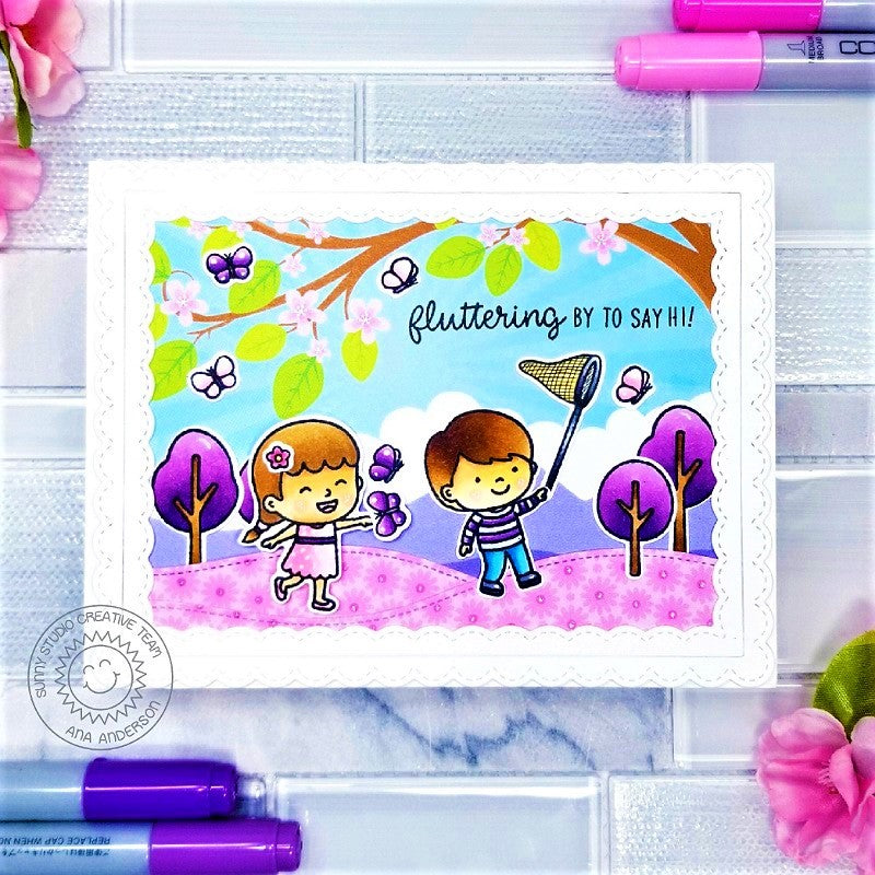 Sunny Studio Fluttering By To Say Hi Kids Playing At the Park with Butterfly Catcher Card using Spring Showers Clear Stamps