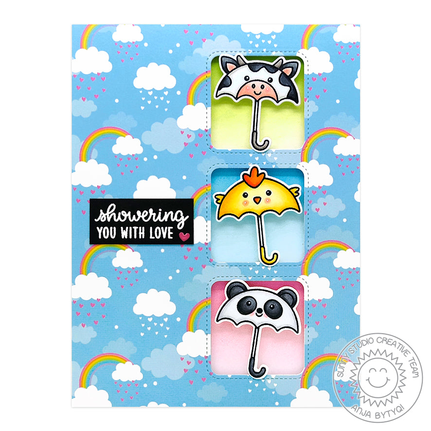 Sunny Studio Stamps Showering You With Love Cow, Chick & Panda Umbrellas with Rainbows Handmade Card (using Window Trio Square Metal Cutting Dies)