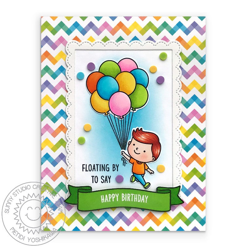 Sunny Studio Floating By To Say Happy Birthday Boy with Balloons Card (featuring Rainbow Dot Clay Confetti Embellishments)