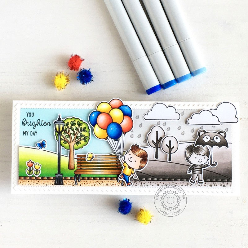 Sunny Studio You Brighten My Day Kid At Park with Balloons B&W to Color Slimline Card using Floating By Balloons Clear Stamps
