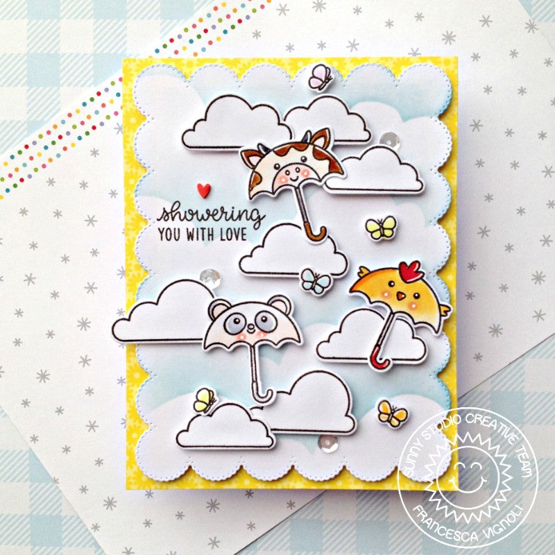 Sunny Studio Stamps Showering You With Love Critter Umbrellas with Clouds Card using Frilly Frames Eyelet Lace Cutting Dies