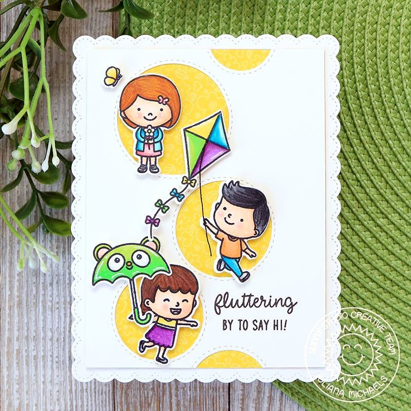 Sunny Studio Fluttering By To Say Hi Kids with Kite, Umbrella & Flower Bouquet Card using Spring Showers Clear Stamps