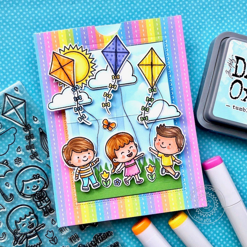 Sunny Studio Stamps Windy Day Kids Flying Kites Pop-up Interactive Spring Handmade Card (using Sliding Window Cutting Dies)