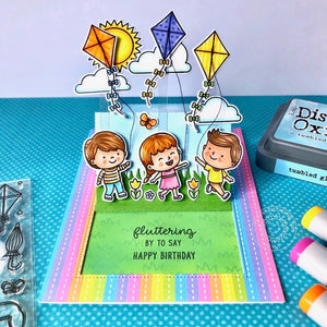 Sunny Studio Stamps Windy Day Kids Flying Kites Pop-up Interactive Spring Birthday Card (using Sliding Window Cutting Dies)