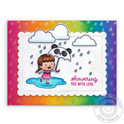 Sunny Studio Stamps Showering You With Love Rainy Day Girl with Umbrella Rainbow Card using Stitched Scalloped Square Tag Die