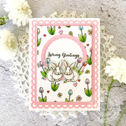 Sunny Studio Stamps Spring Greetings Easter Bunny Pink Scalloped Card (using Frilly Frames Lattice Metal Cutting Dies)