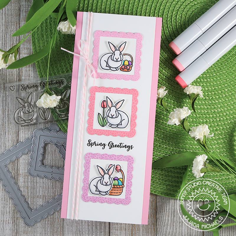 Sunny Studio Stamps Spring Greetings Bunny & Tulip Long Card (using Scalloped Fancy Frames Square dies)