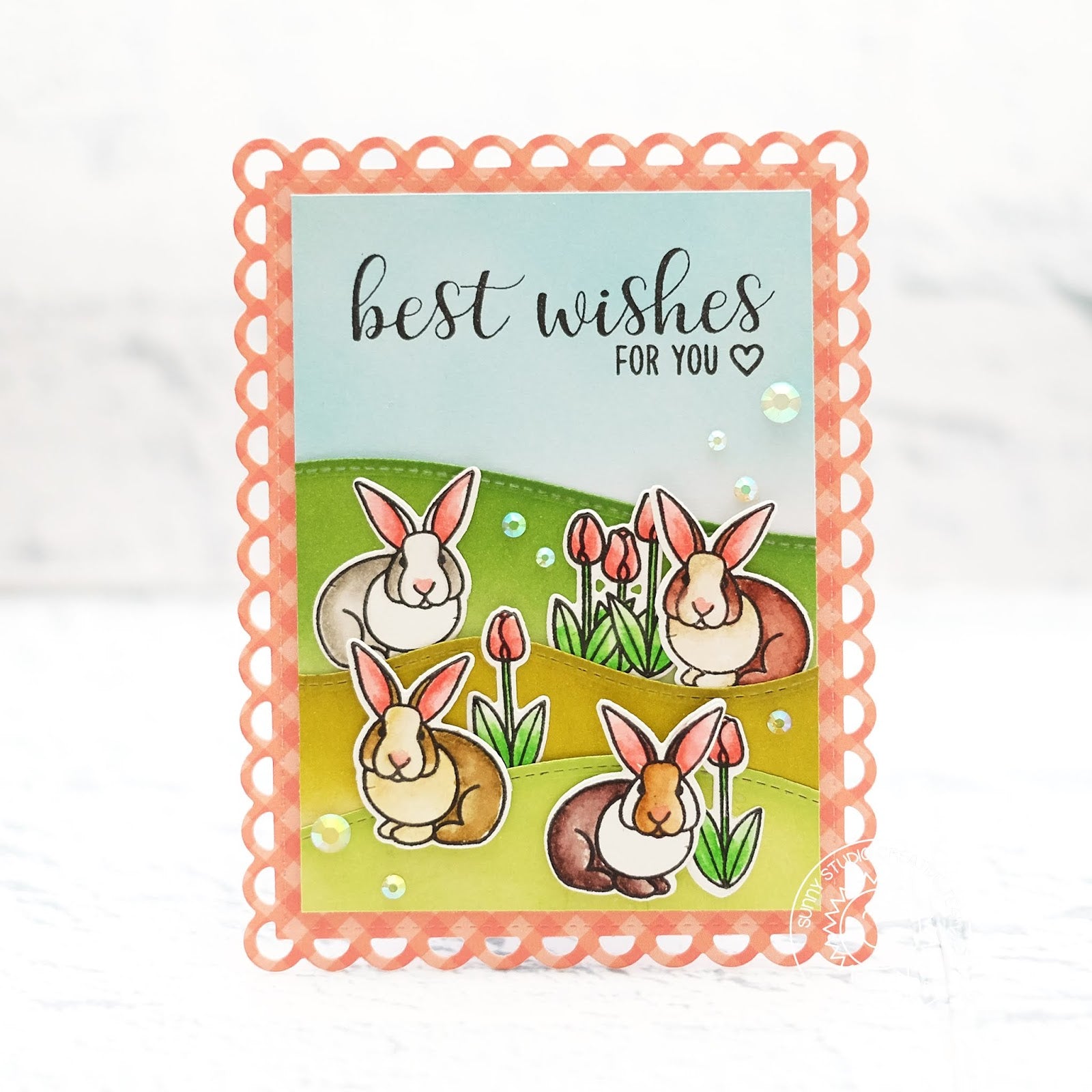Sunny Studio Best Wishes For You Spring Bunny Rabbit Card (using Everyday Greetings sentiment stamps)