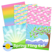 Sunny Studio Stamps Spring Fling 6x6 Patterned Paper featuring Rainbows & Clouds, Sunburst & Cherry Blossoms Tree Scenes