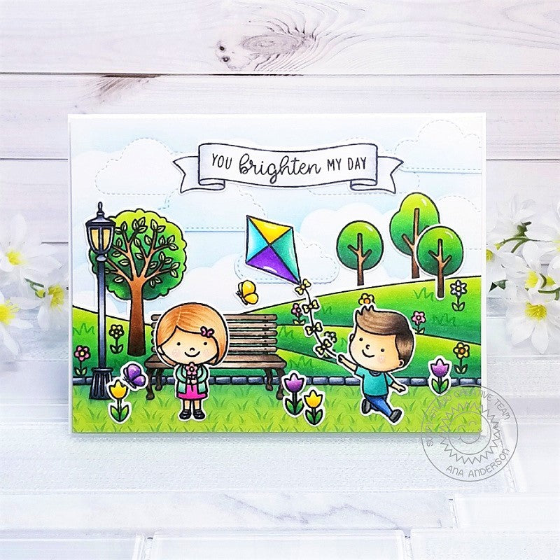 Sunny Studio Kids Flying Kites At The Park Handmade Card by Ana Anderson (using Banner Basics Clear Stamps)