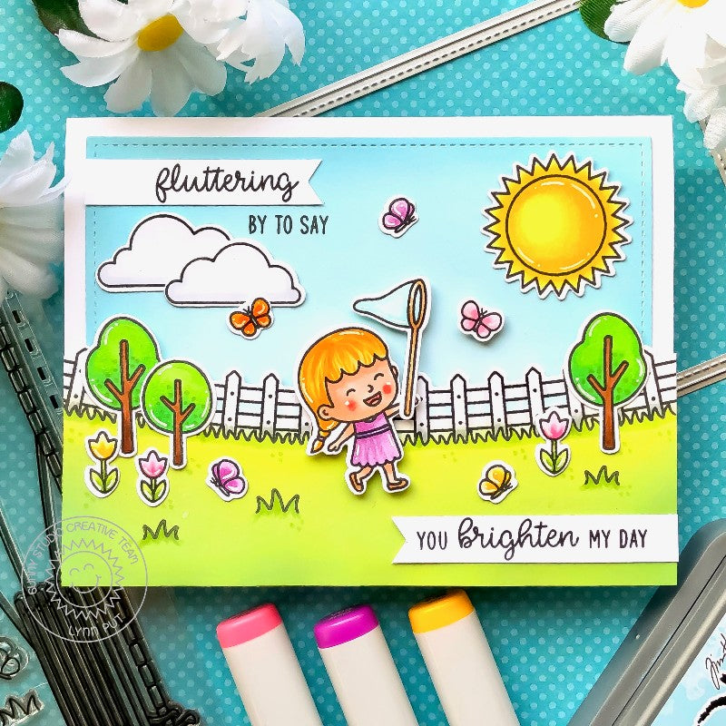Sunny Studio Stamps Spring Showers Girl with Butterfly Net Chasing Butterflies Fluttering By to Say You Brighten My Day Card