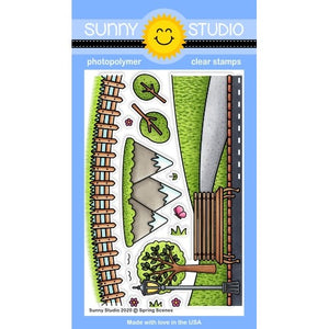 Sunny Studio Stamps Spring Scenes Everyday Backgrounds Borders 4x6 Clear Photopolymer Stamp Set with Fence, Mountains, Trees, Park Bench & Street Lamp Post