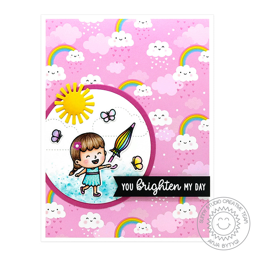 Sunny Studio Stamps Spring Showers Pink Rainbow Girl with Umbrella Handmade Card by Anja