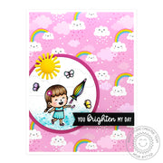 Sunny Studio Spring Pink Rainbow Girl With Umbrella Handmade Card (using Spring Fling 6x6 Patterned Paper Pack)